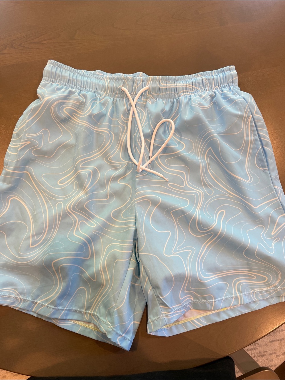 SHEIN Light Blue Men's Swim Shorts with White Wave Lines